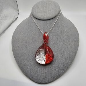 Elegant Red Glass Pendant Necklace With 19" Silvertone Chain